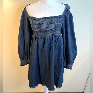 Free People This Is Everything Denim Smocked Tie Neck Mini Dress Size Small NWT